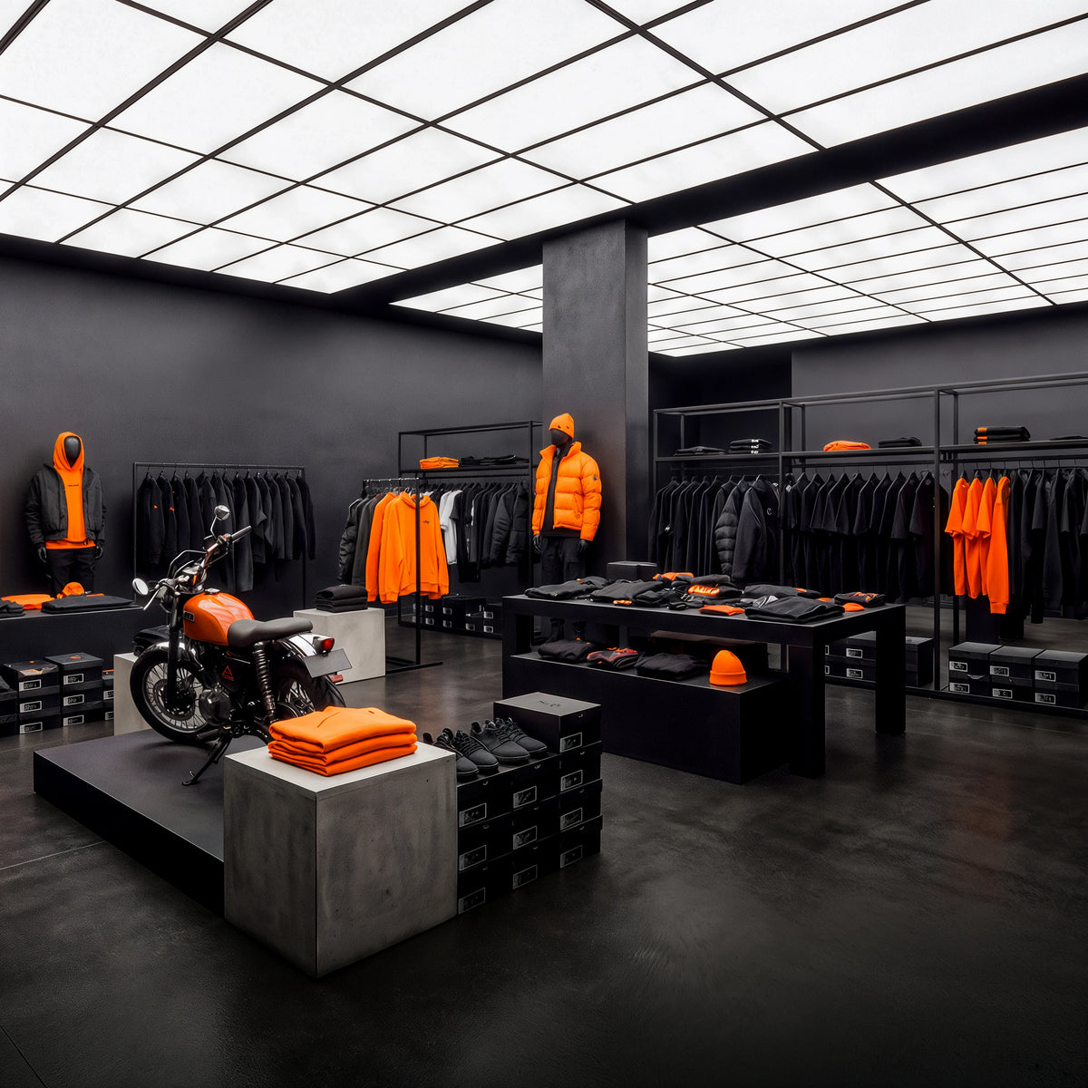 Modern clothing store interior with orange and black outfits on mannequins and a motorcycle.