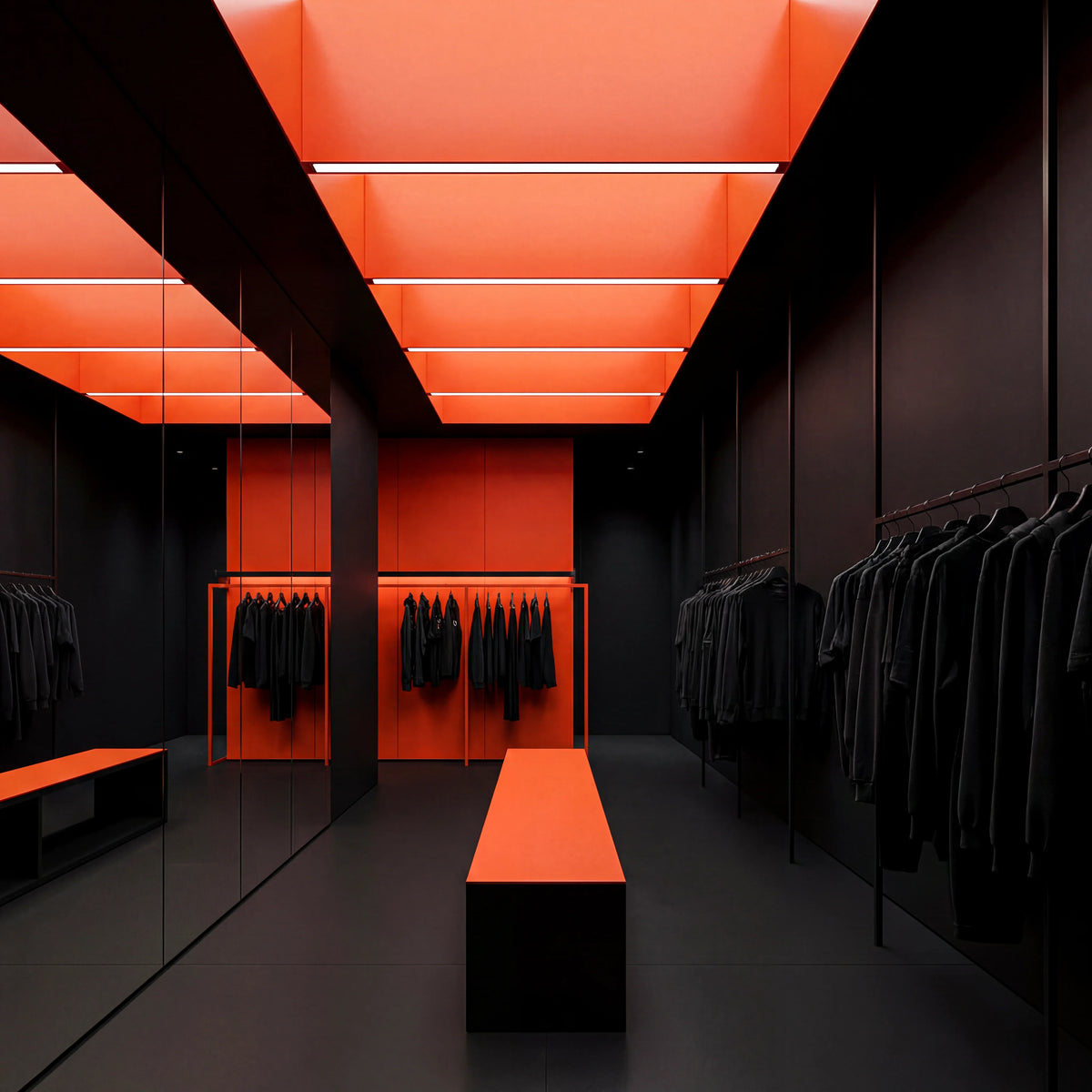 Modern clothing store interior with orange and black design