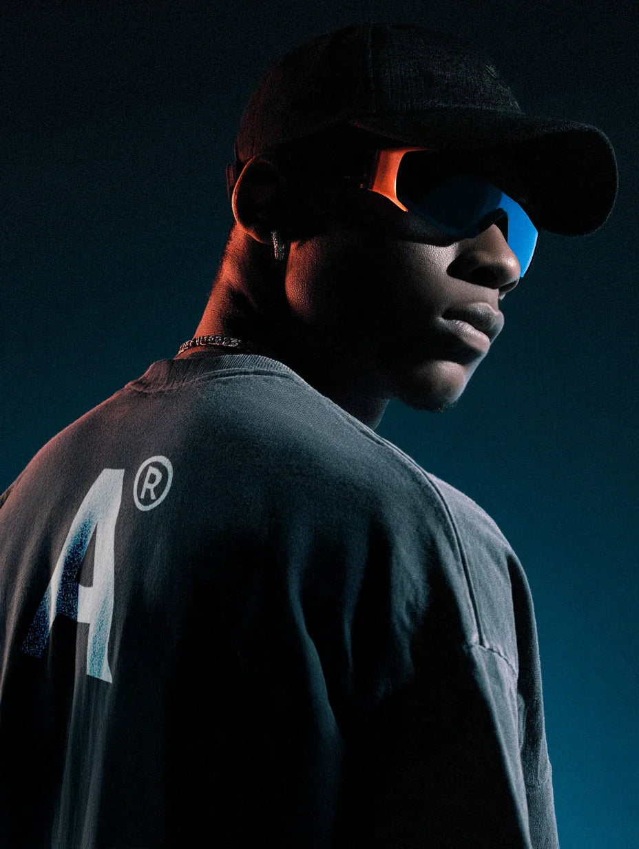 Person wearing a cap and sunglasses with a dark background