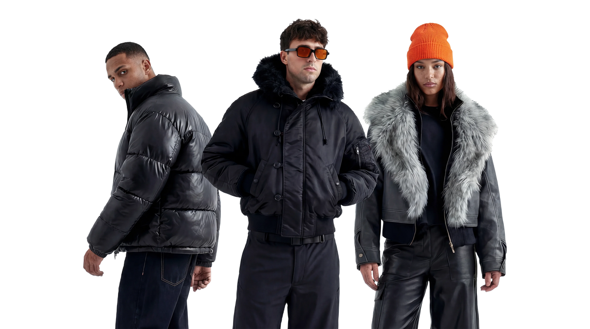 Three people wearing winter jackets on a white background