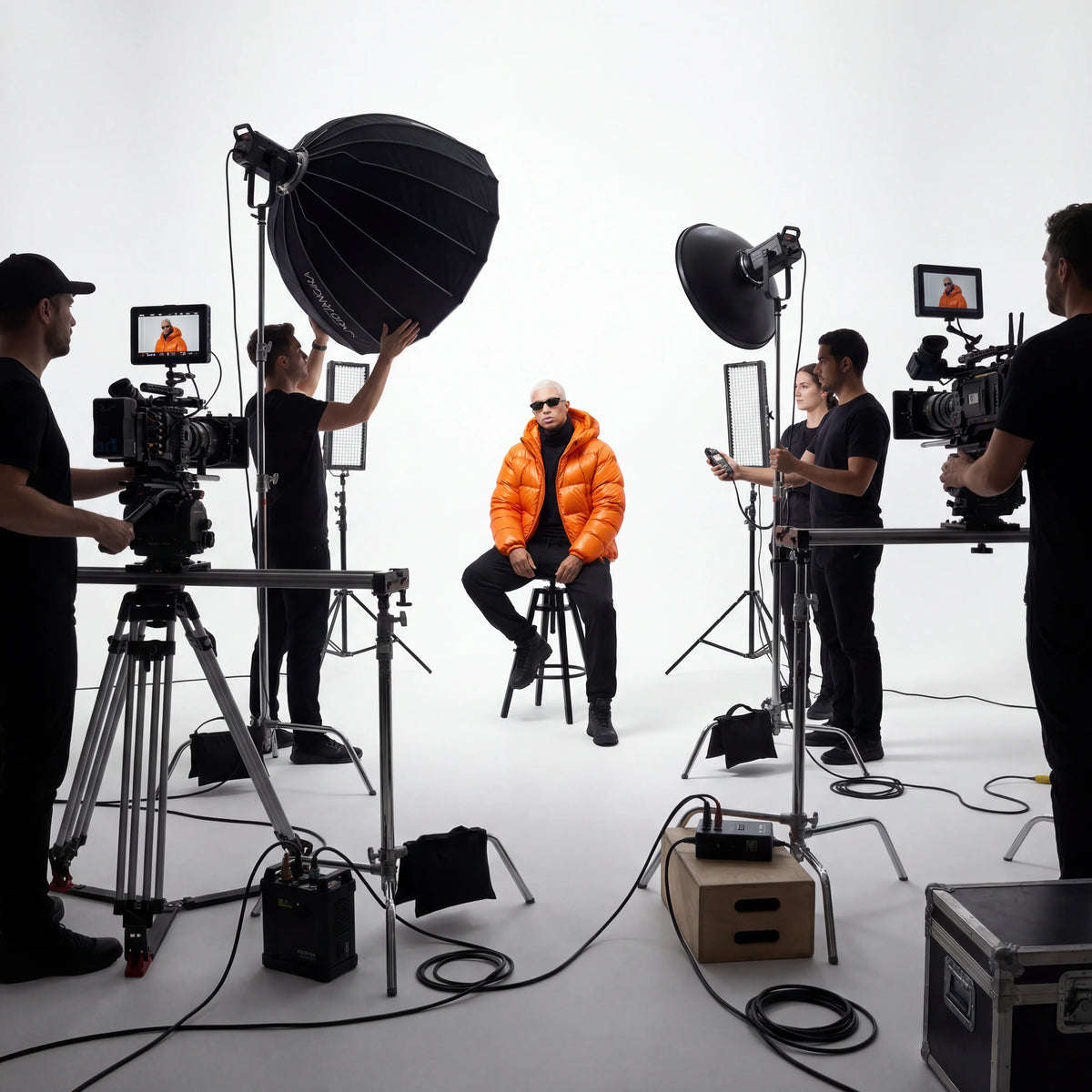 Film crew in a studio setting with equipment and a person in an orange jacket.