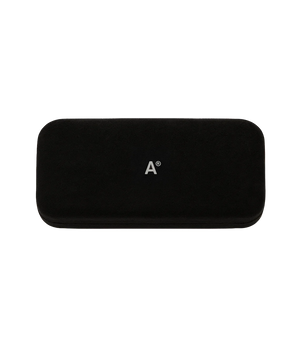 Black rectangular device with a logo on a white background