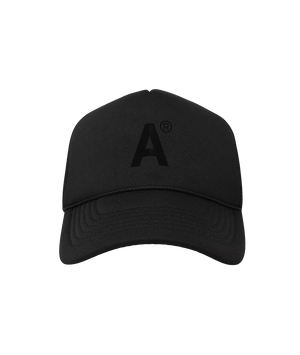 Black cap with a logo on a white background