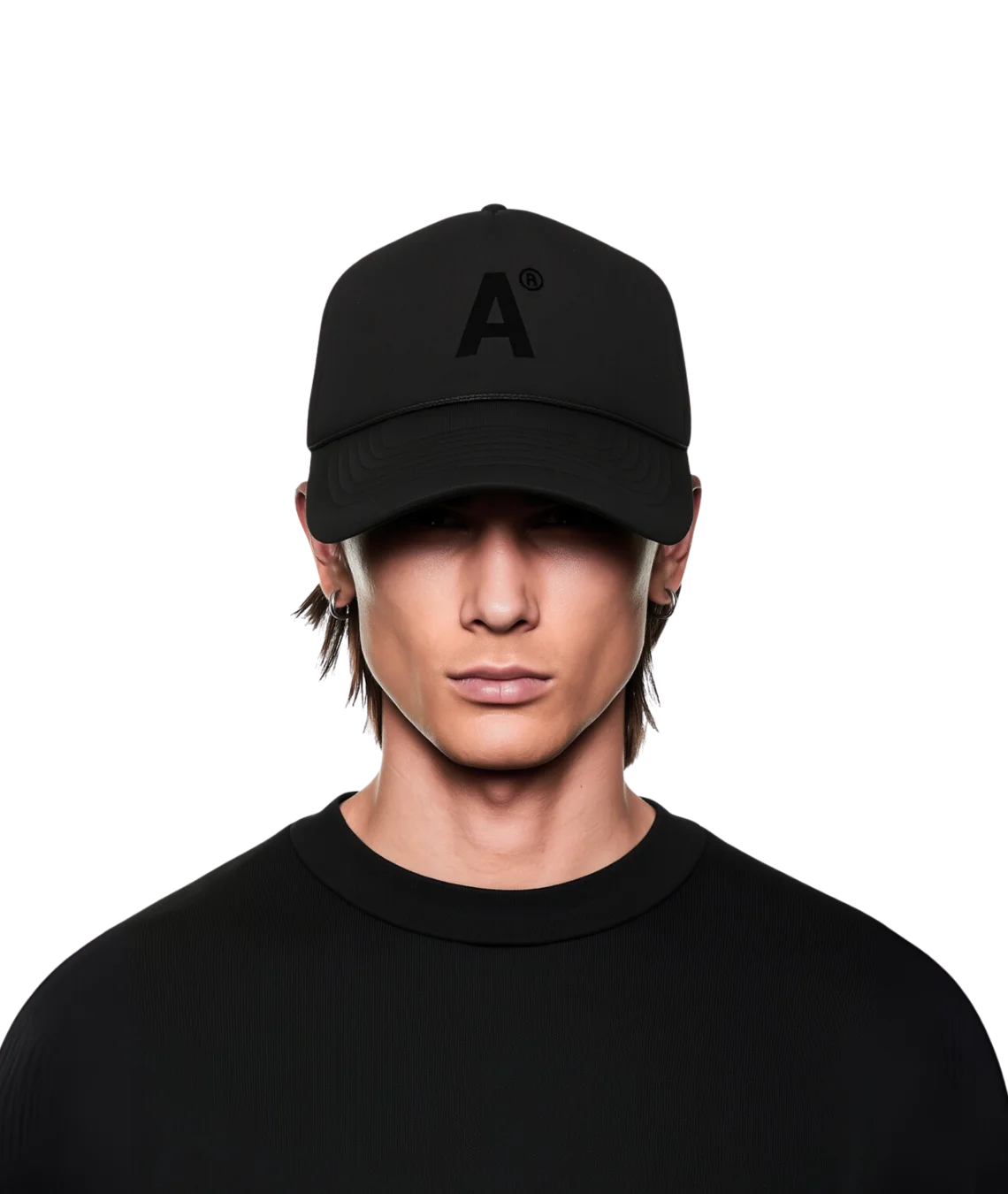 Person wearing a black cap with a logo on a white background