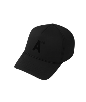 Black cap with a logo on a white background