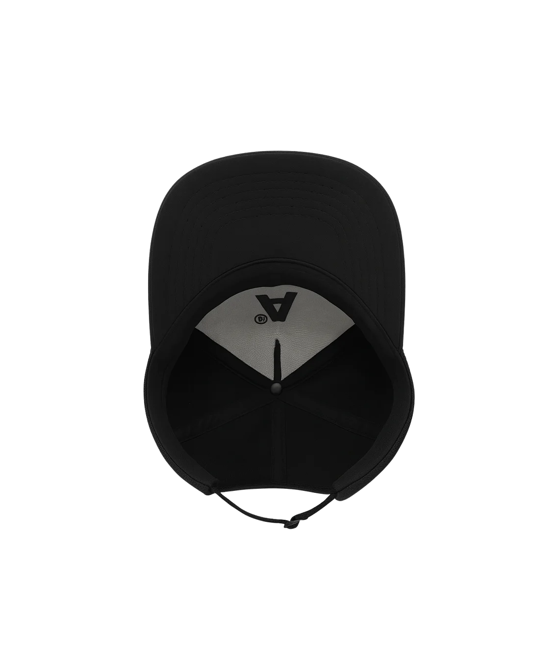 Black cap with a logo on the back against a white background