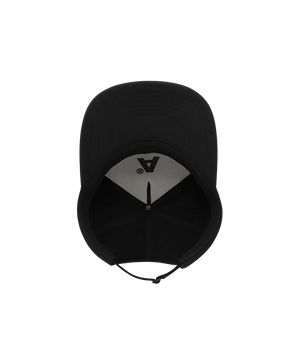 Black cap with a logo on the back against a white background