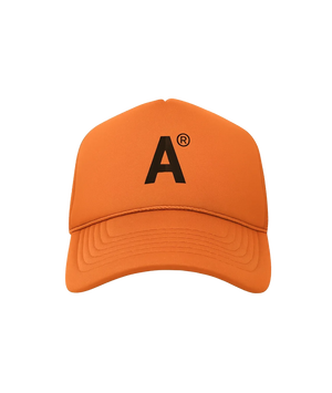 Orange cap with a black letter 'A' logo on a white background