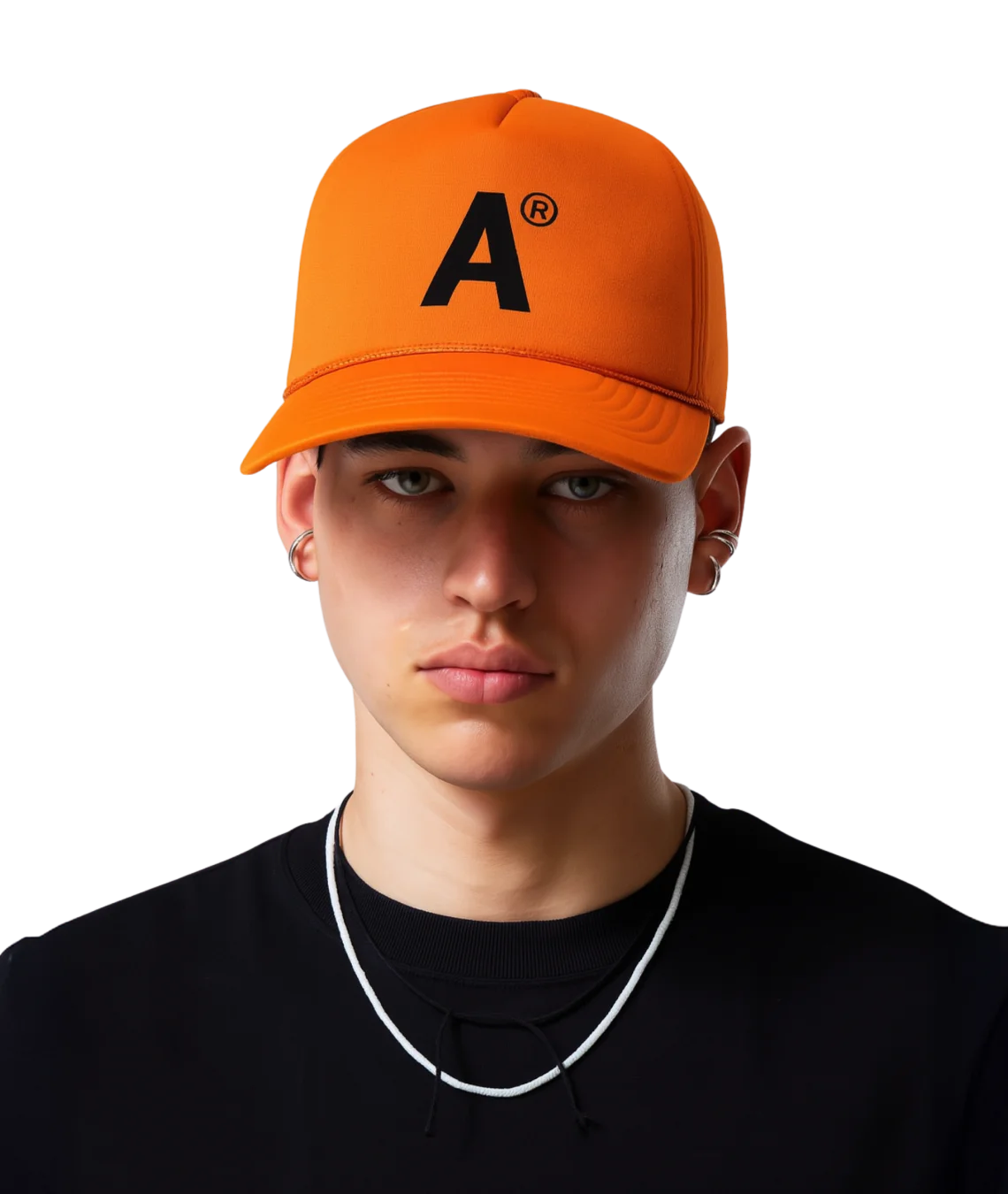 Person wearing an orange cap with a logo on a white background