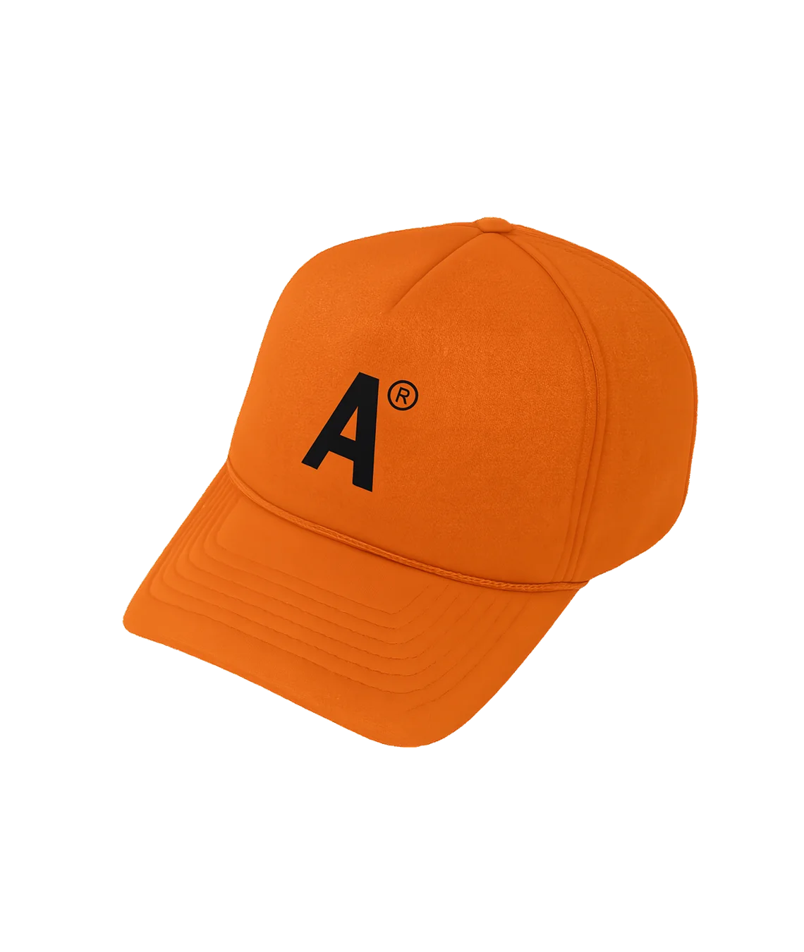 Orange cap with a black logo on a white background