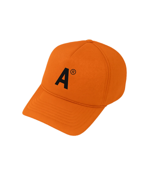 Orange cap with a black logo on a white background