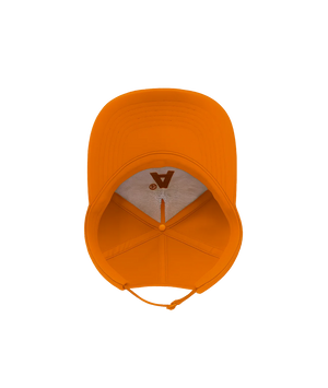 Orange cap with a logo on the back against a white background