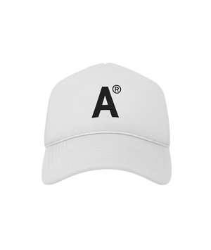 White cap with a black letter 'A' logo on a white background