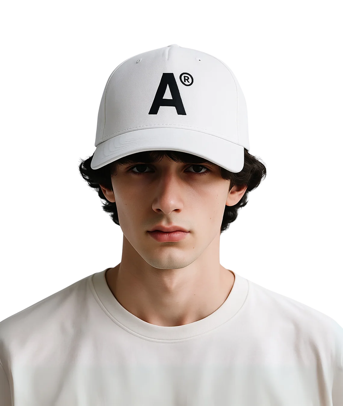 Person wearing a white cap with a black letter 'A' logo on a transparent background