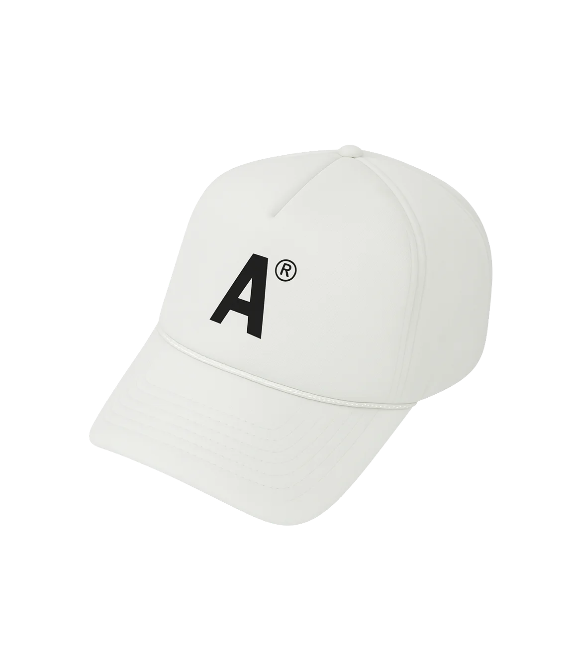 White baseball cap with a black logo on a white background