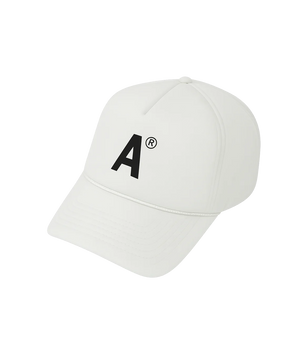 White baseball cap with a black logo on a white background