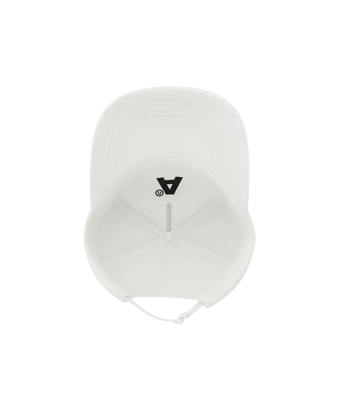 White protective headgear with a logo on a black background