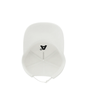 White protective headgear with a logo on a black background