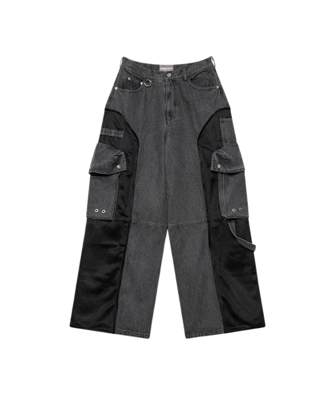 Dark gray cargo pants with multiple pockets on a transparent background