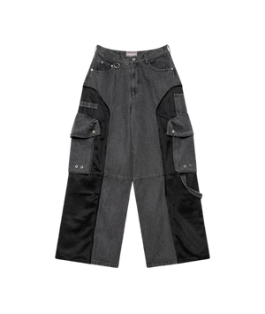 Dark gray cargo pants with multiple pockets on a transparent background