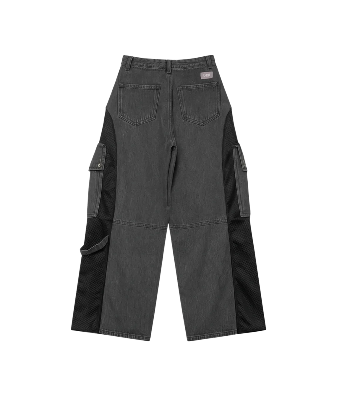 Black cargo pants with white trim on a transparent background