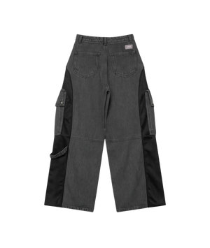 Black cargo pants with white trim on a transparent background