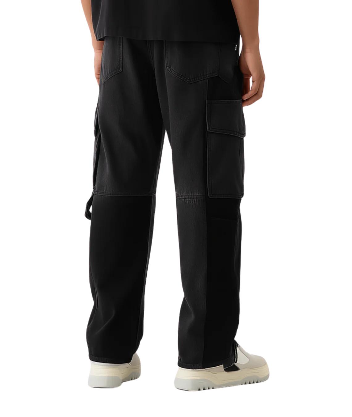 Black cargo pants worn by a person on a transparent background