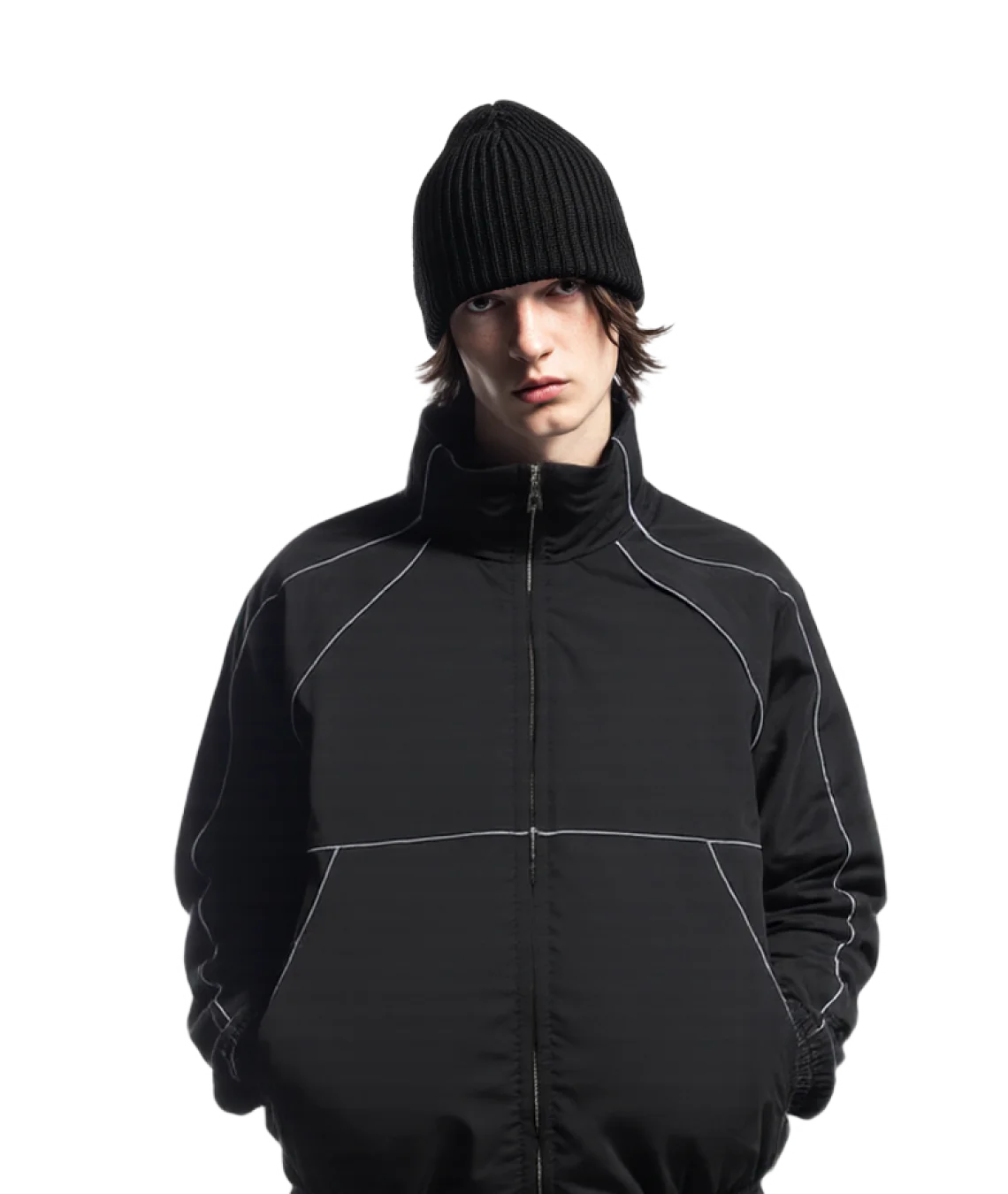 Person wearing a black jacket and beanie on a transparent background