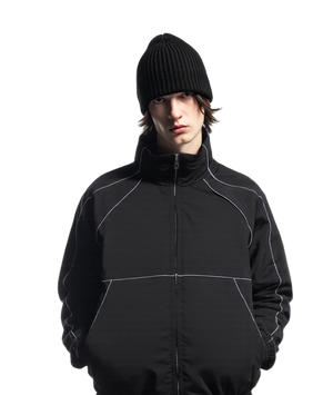 Person wearing a black jacket and beanie on a transparent background
