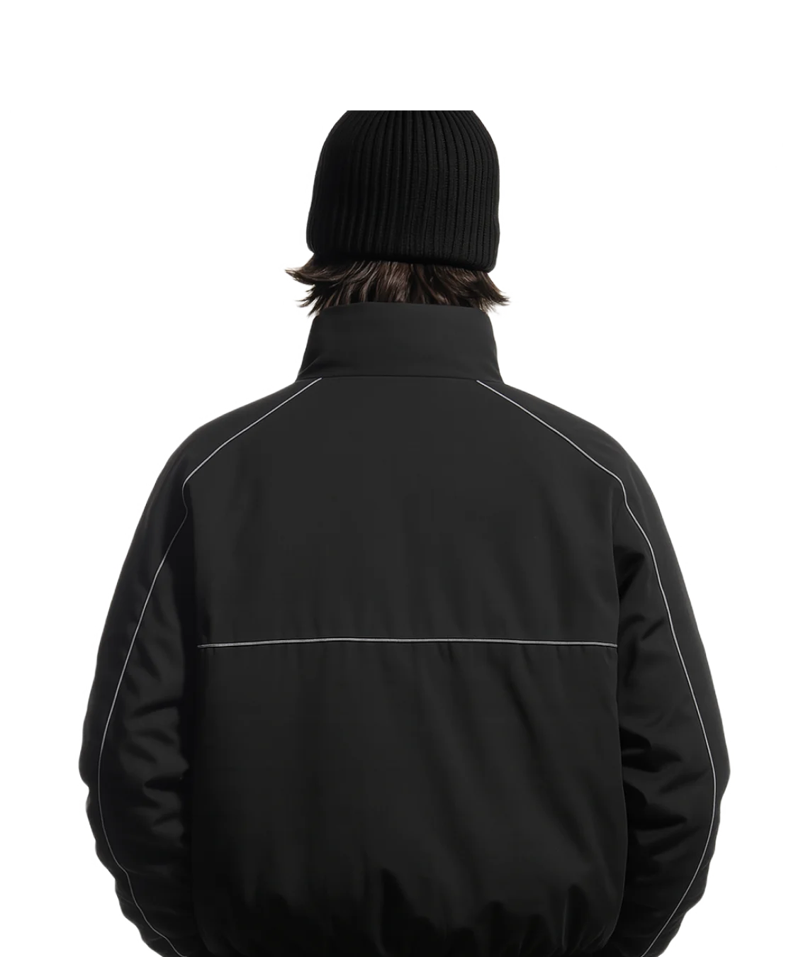 Person wearing a black jacket with white accents on a white background