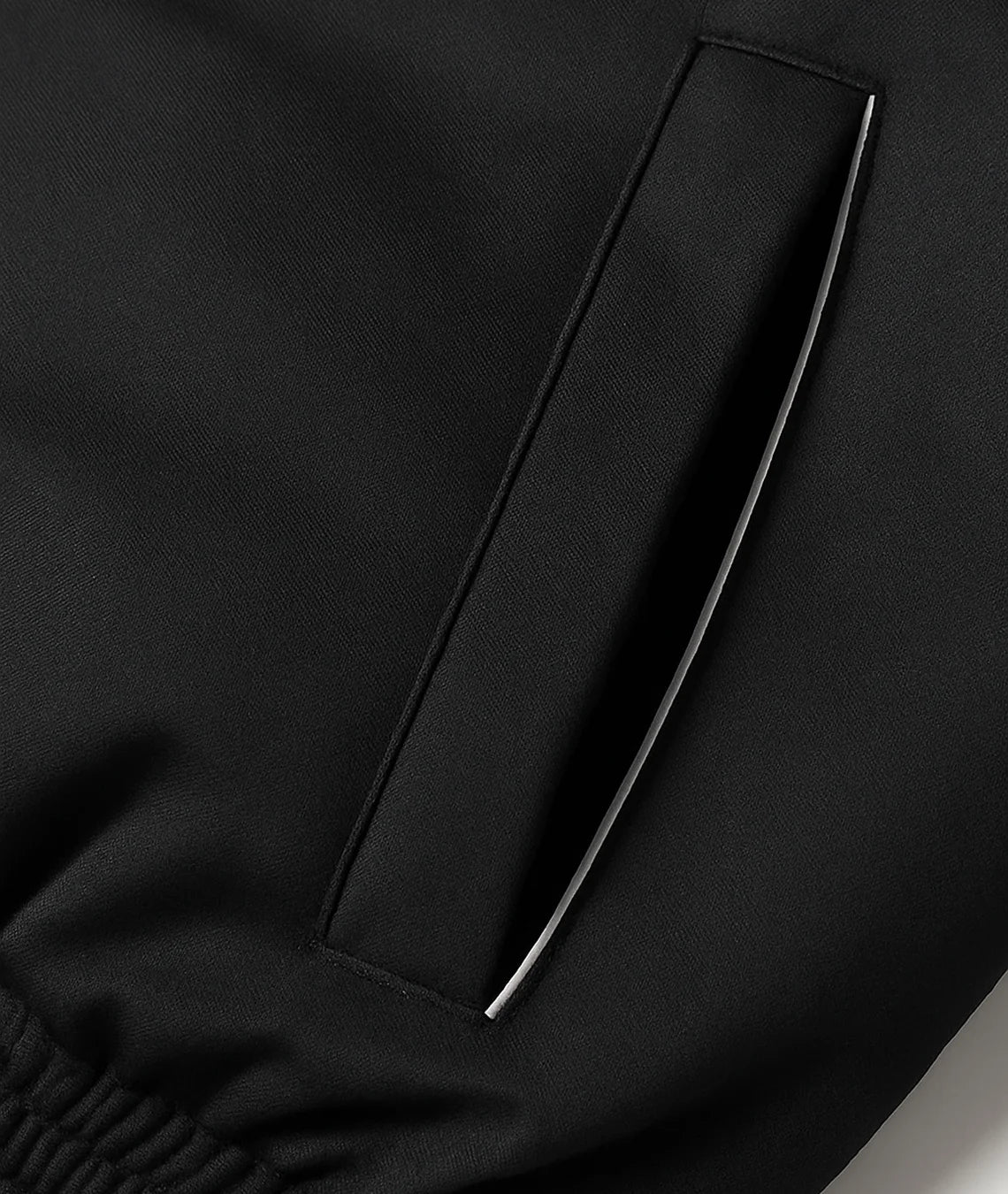 Close-up of a black garment with a pocket detail on a plain background