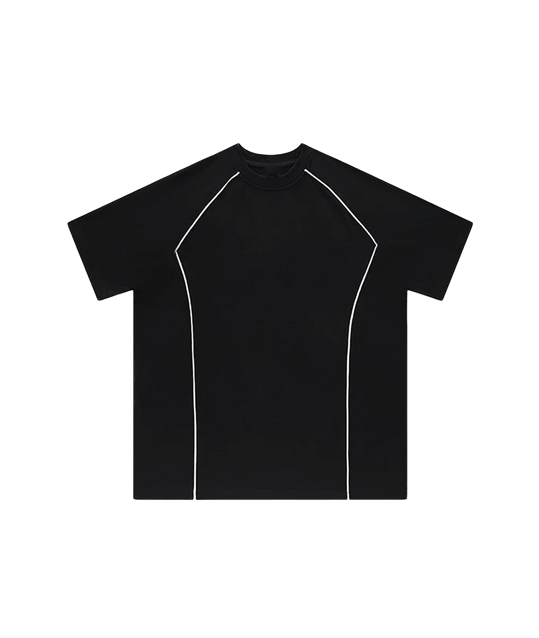 Black t-shirt with white accents on a white background