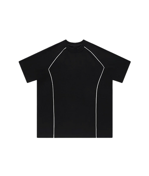 Black t-shirt with white accents on a white background