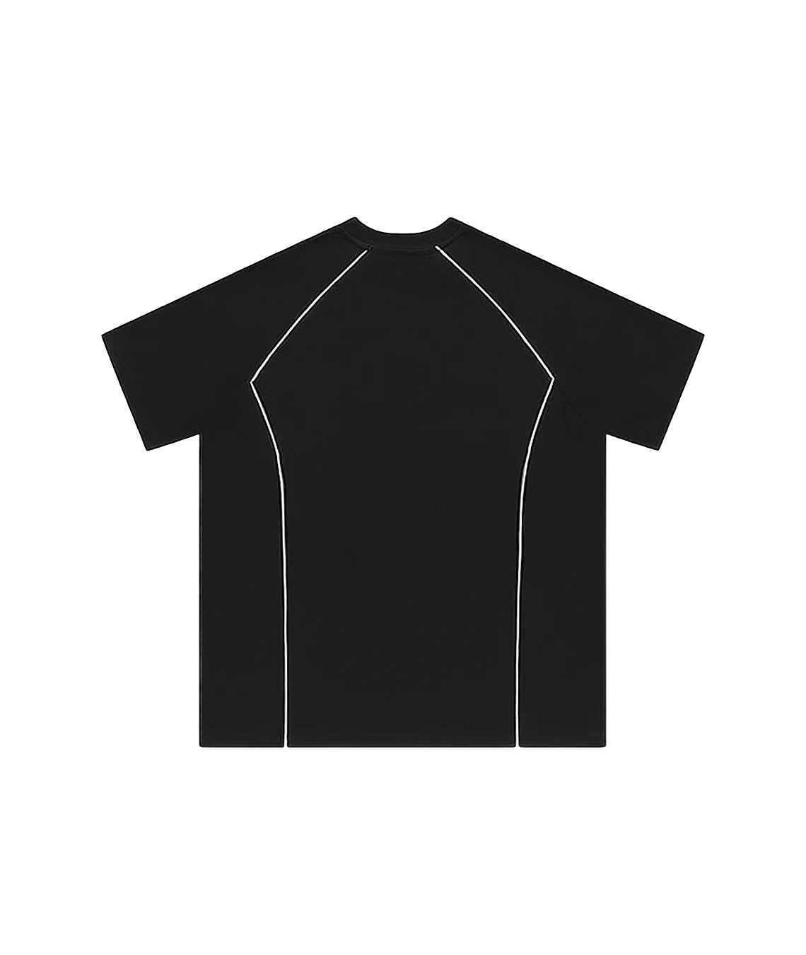 Black t-shirt with white piping on a white background