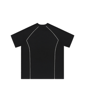 Black t-shirt with white piping on a white background