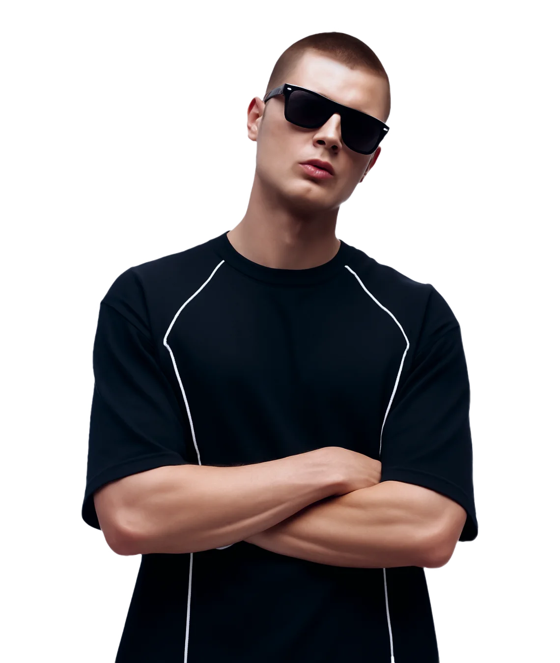 Man wearing a black t-shirt with white accents and sunglasses on a white background