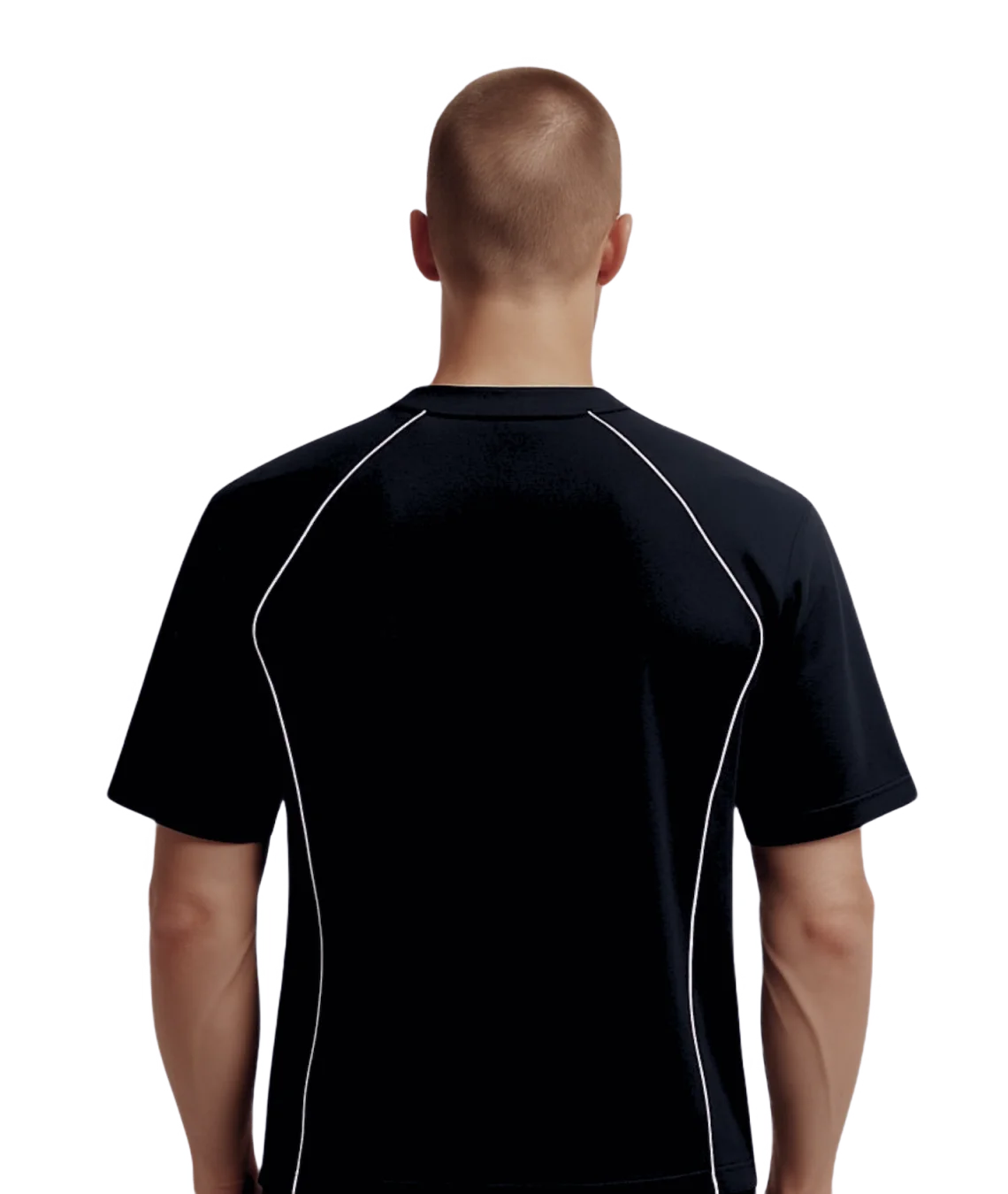 Man wearing a black athletic shirt with white accents on a white background