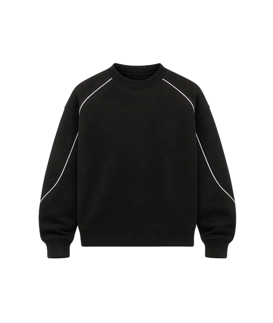Black sweatshirt with white accents on a white background