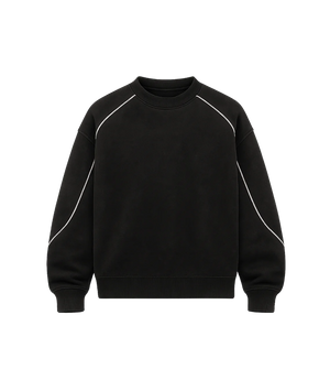 Black sweatshirt with white accents on a white background