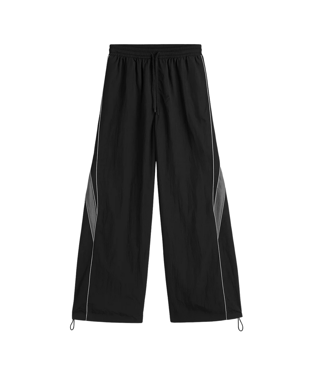 Black wide-leg pants with white piping on a white background