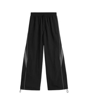Black wide-leg pants with white piping on a white background