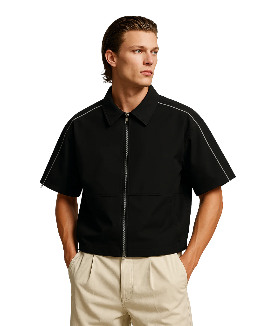 Man wearing a black short-sleeve jacket with white piping on a white background