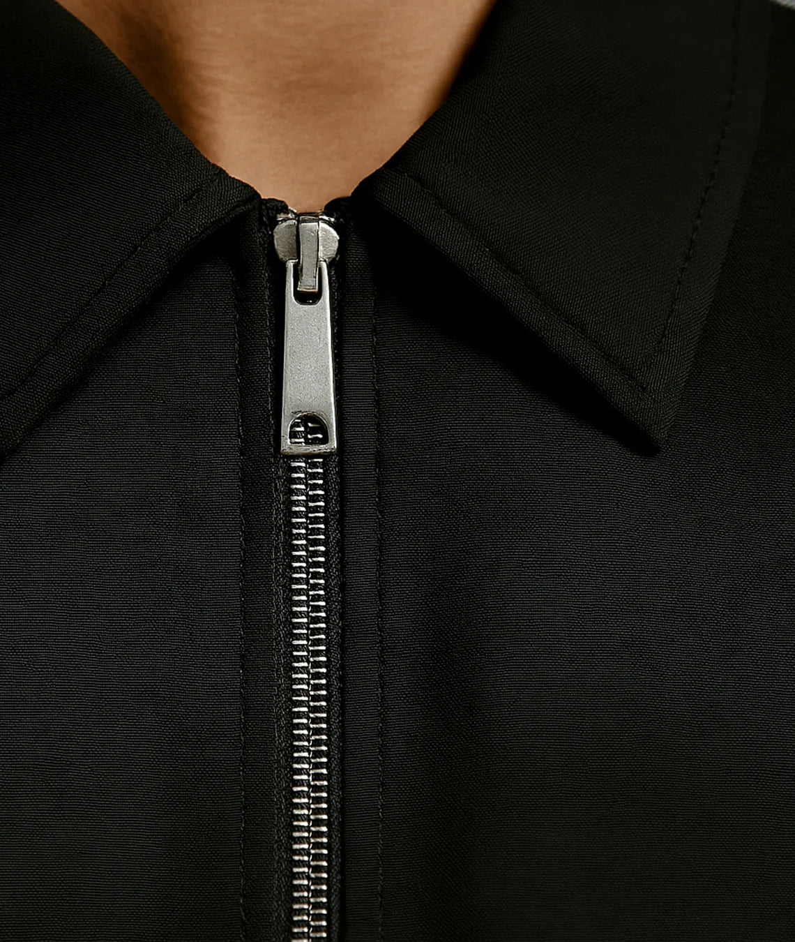 Close-up of a black jacket with a zipper