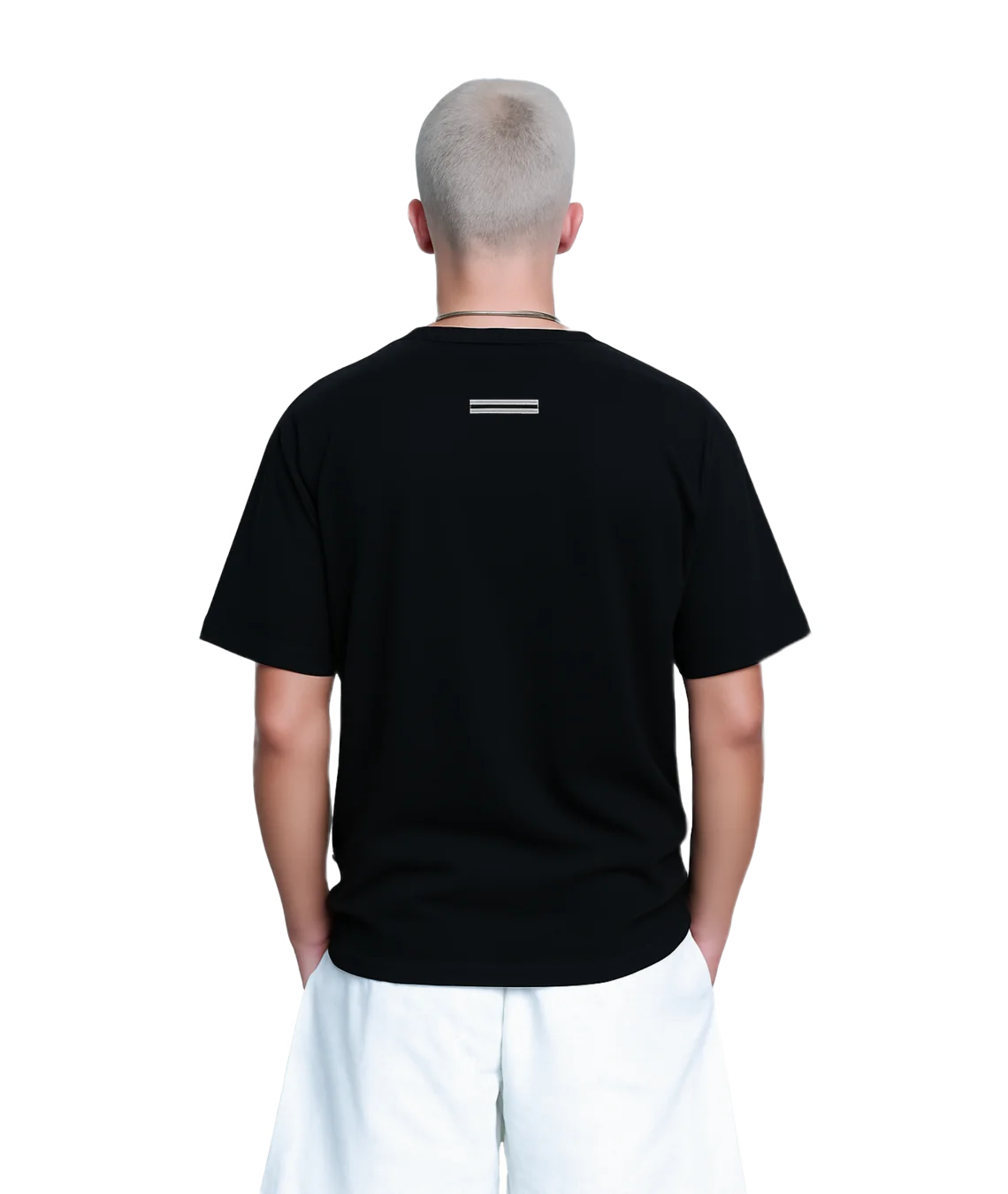 Person wearing a black t-shirt with a logo on the back against a white background