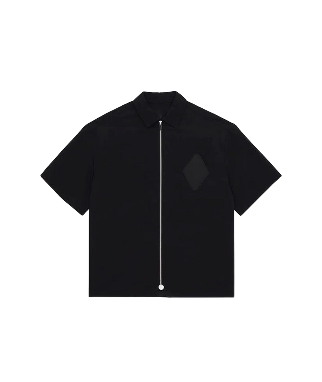 A black short-sleeve collared shirt with a front zipper and a tonal diamond-shaped chest patch, shown flat against a white background.