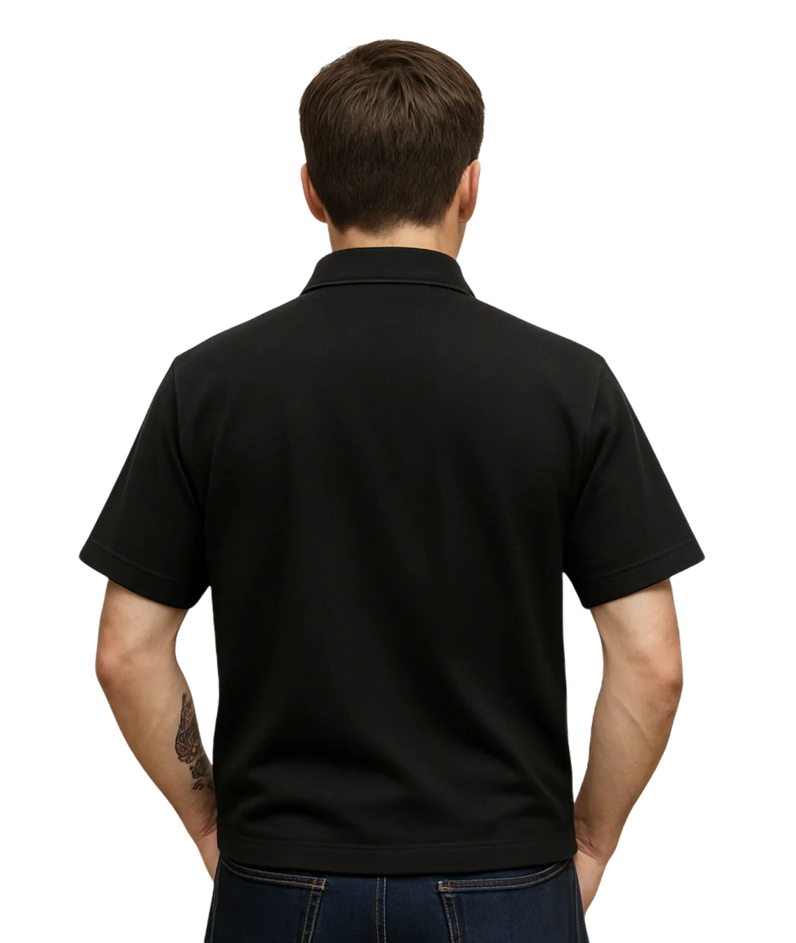 Man wearing a black polo shirt on a white background