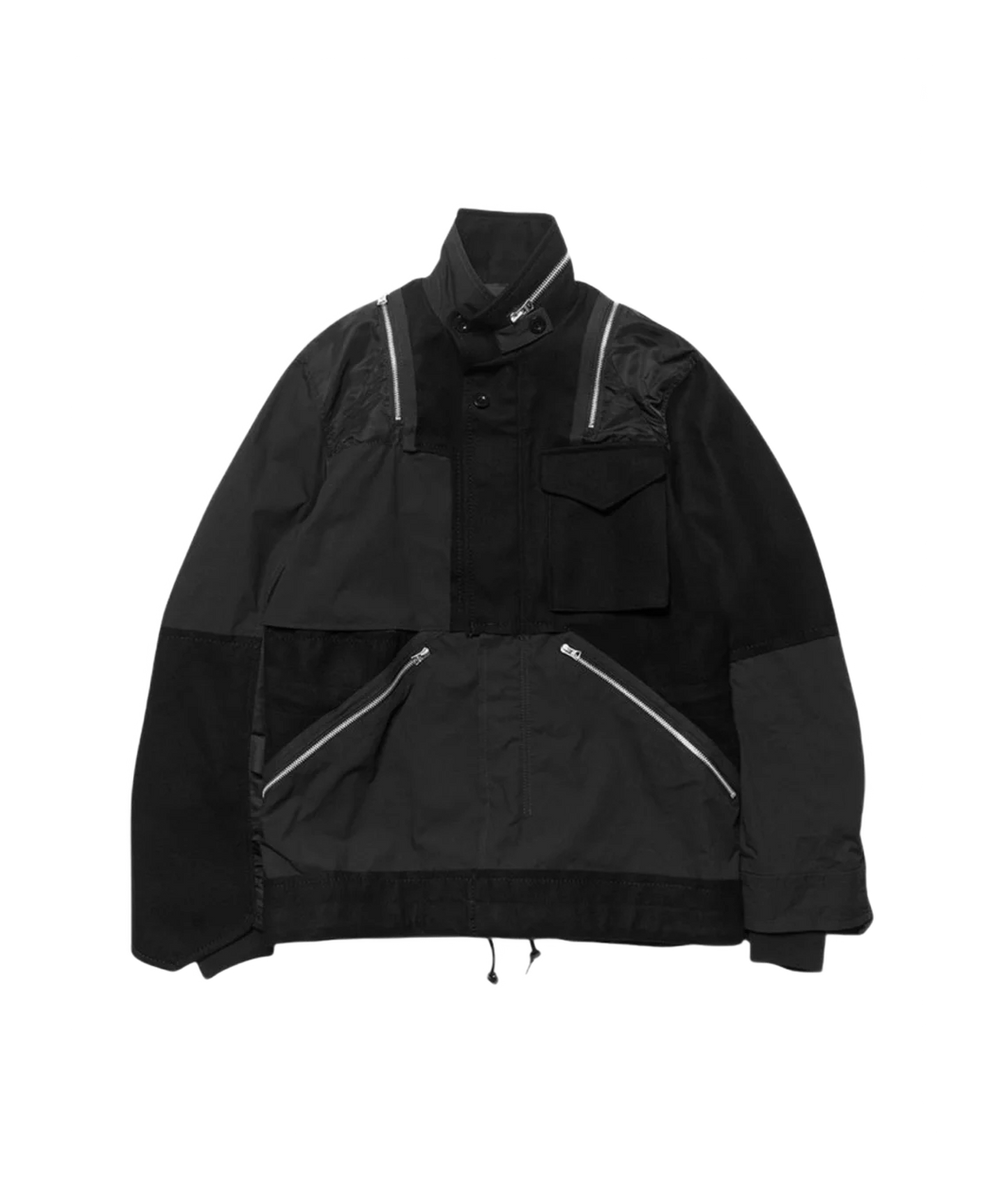 Black jacket with reflective zippers on a white background