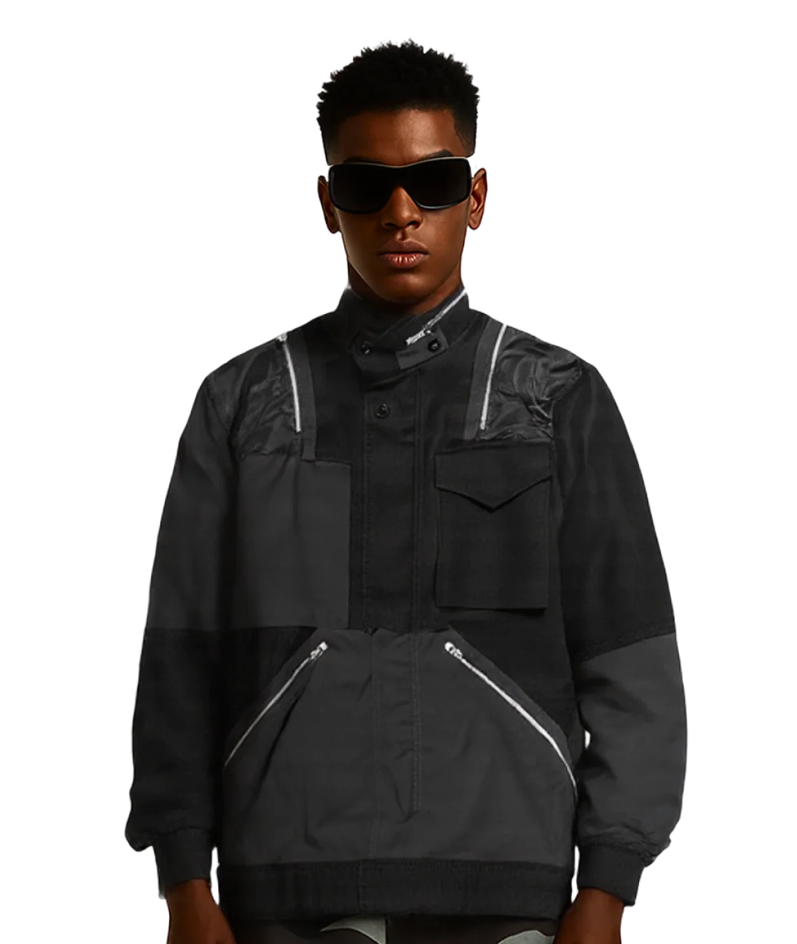 Person wearing a black jacket with white accents on a transparent background
