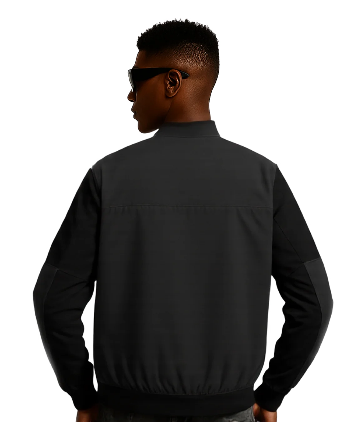 Person wearing a black jacket on a white background