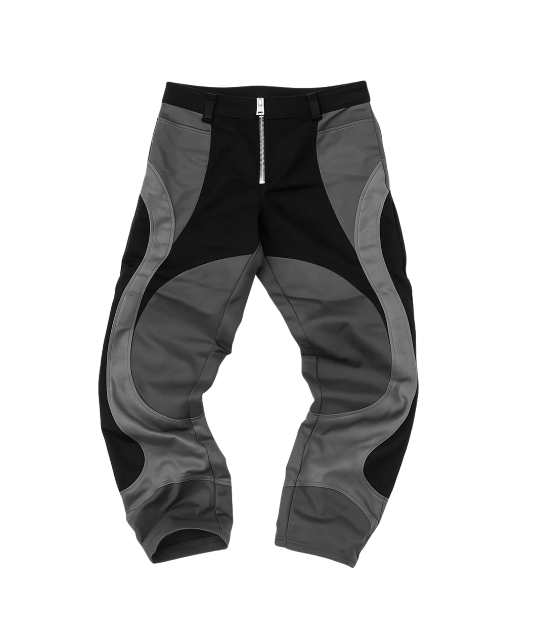 Black and gray pants with a zipper on a white background